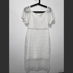 EXPRESS Off shoulder white midi lace dress